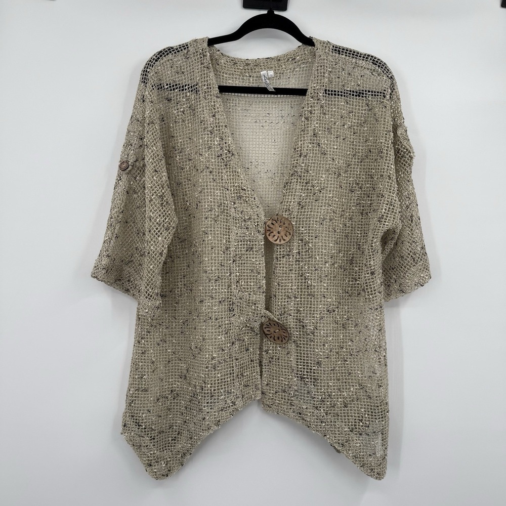 Lulu B Cardigan Womens Large Beige Mesh Knit Button Confetti Draped Asymmetrical